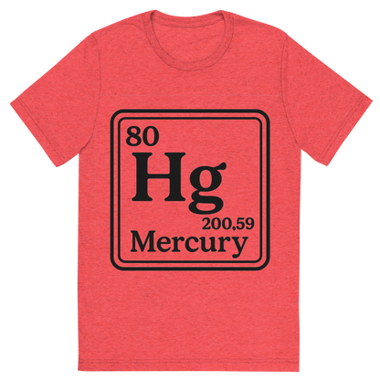 Front view of a Premium Tri-Blend Crew Neck T-Shirt in Red showing 'A line art, nostalgic graphic of mercury's entry on the periodic table, use a dark color for the lines and text'