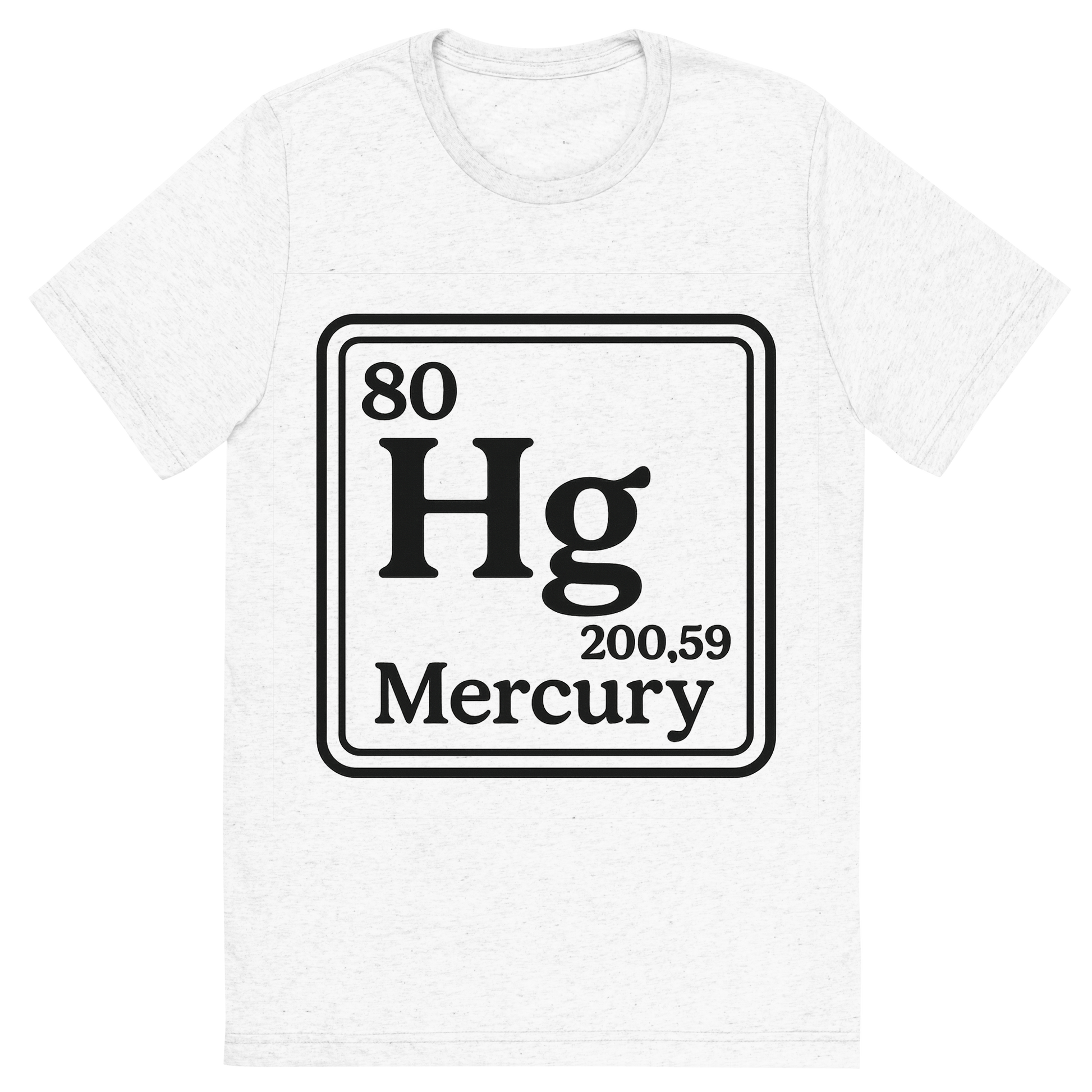 Front view of a Premium Tri-Blend Crew Neck T-Shirt in Solid White showing 'A line art, nostalgic graphic of mercury's entry on the periodic table, use a dark color for the lines and text'