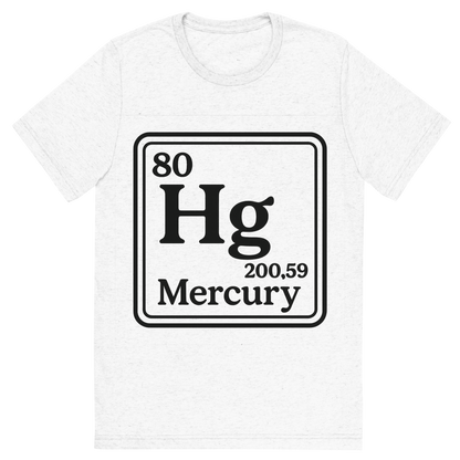 Front view of a Premium Tri-Blend Crew Neck T-Shirt in Solid White showing 'A line art, nostalgic graphic of mercury's entry on the periodic table, use a dark color for the lines and text'