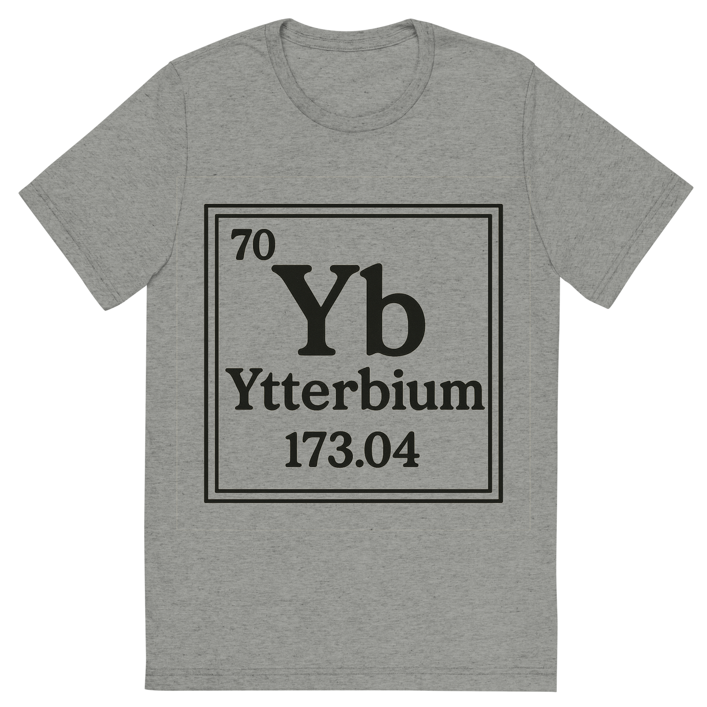 Front view of a Premium Tri-Blend Crew Neck T-Shirt in Athletic Grey showing 'A line art, nostalgic graphic of ytterbium's entry on the periodic table, use a dark color for the lines and text'