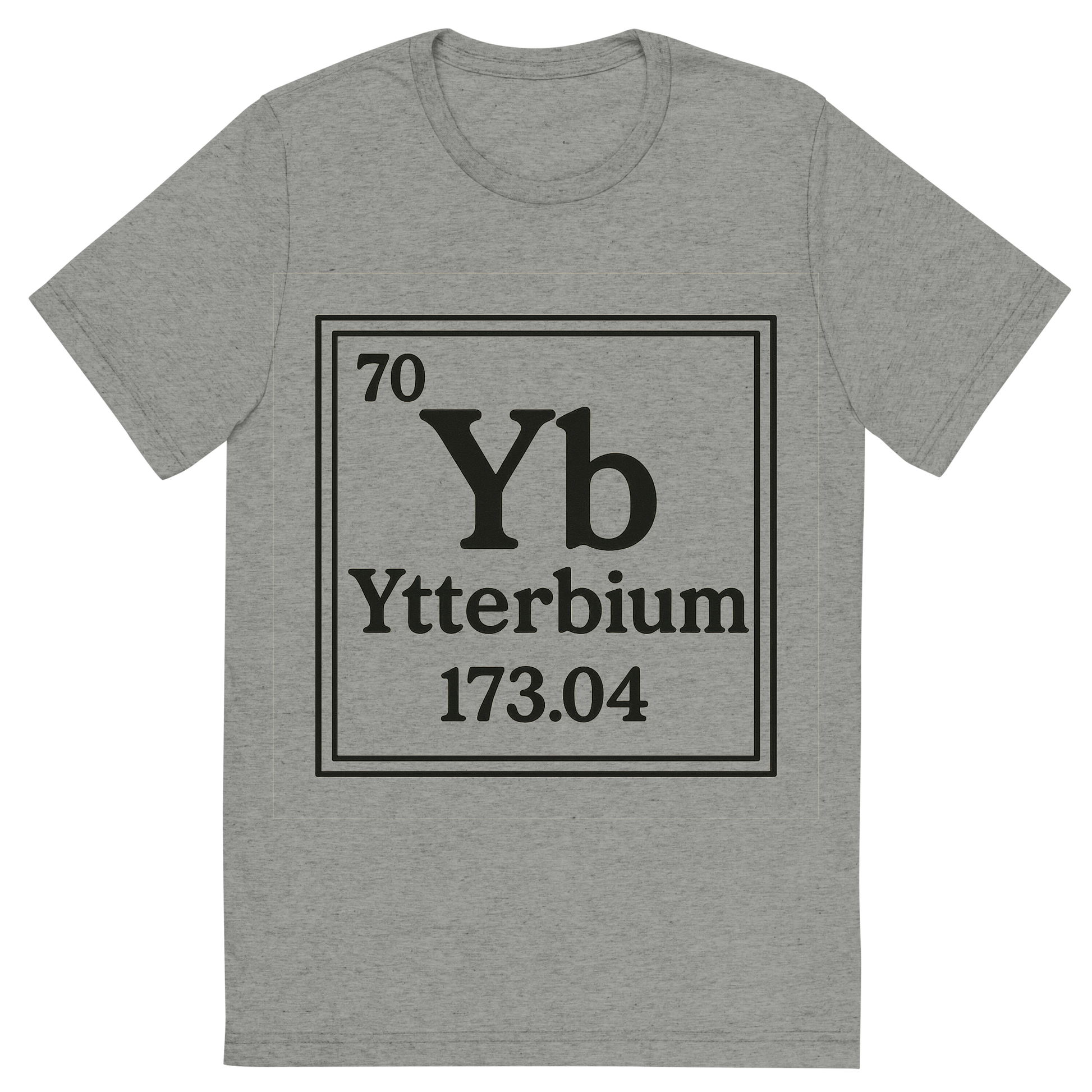 Front view of a Premium Tri-Blend Crew Neck T-Shirt in Athletic Grey showing 'A line art, nostalgic graphic of ytterbium's entry on the periodic table, use a dark color for the lines and text'