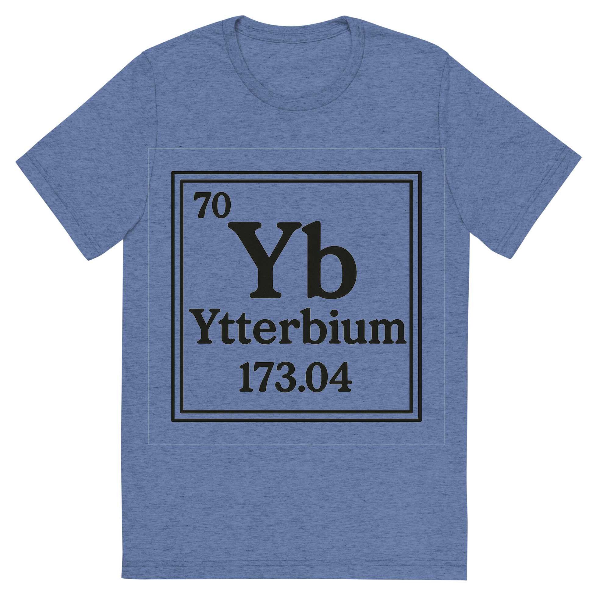 Front view of a Premium Tri-Blend Crew Neck T-Shirt in Blue showing 'A line art, nostalgic graphic of ytterbium's entry on the periodic table, use a dark color for the lines and text'