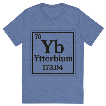 Front view of a Premium Tri-Blend Crew Neck T-Shirt in Blue showing 'A line art, nostalgic graphic of ytterbium's entry on the periodic table, use a dark color for the lines and text'