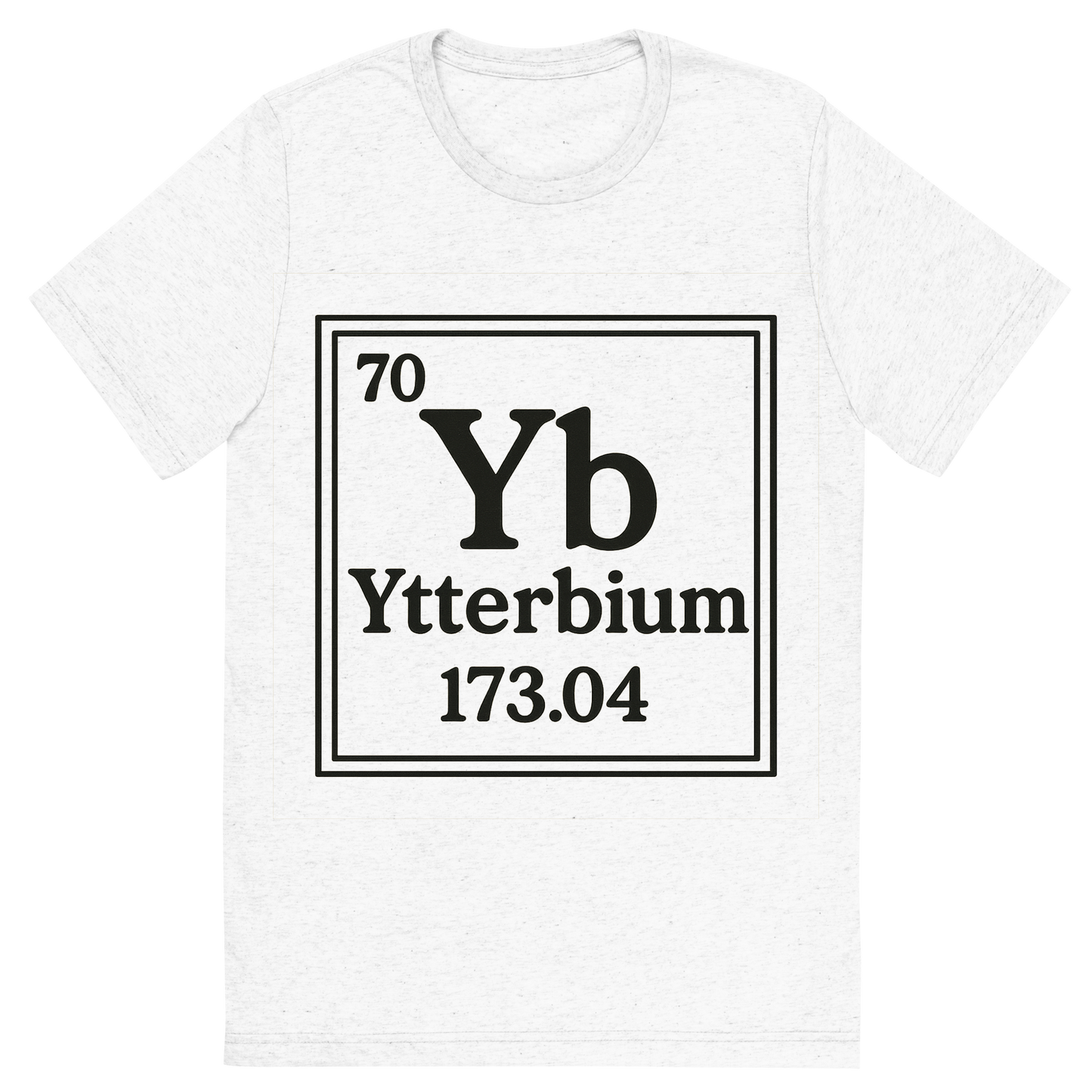 Front view of a Premium Tri-Blend Crew Neck T-Shirt in Solid White showing 'A line art, nostalgic graphic of ytterbium's entry on the periodic table, use a dark color for the lines and text'