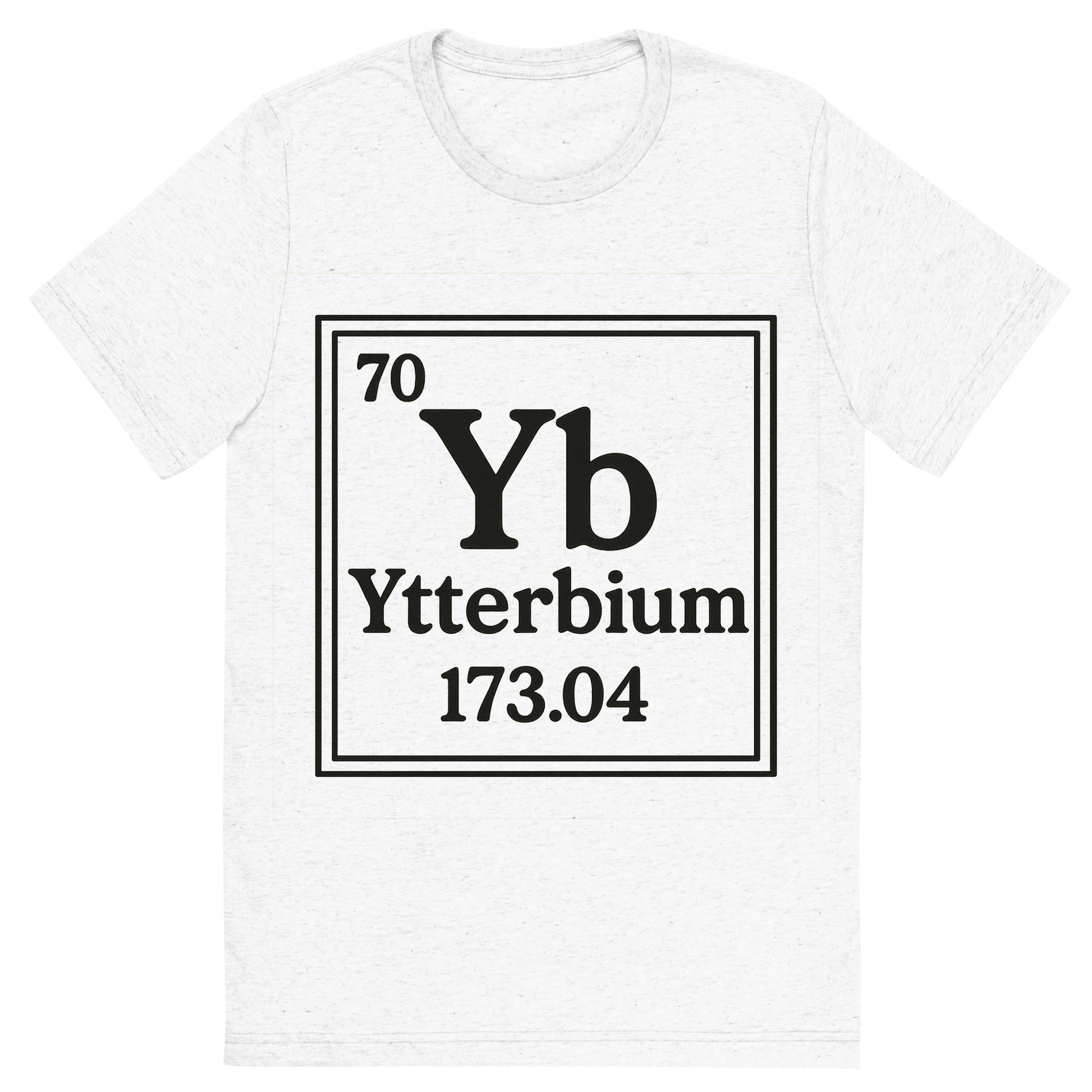 Front view of a Premium Tri-Blend Crew Neck T-Shirt in Solid White showing 'A line art, nostalgic graphic of ytterbium's entry on the periodic table, use a dark color for the lines and text'