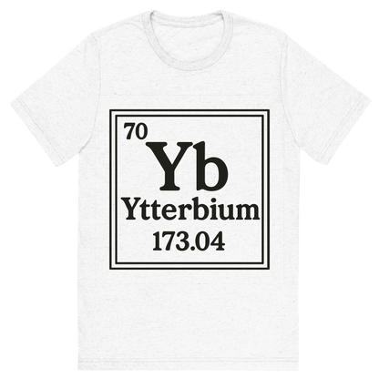 Front view of a Premium Tri-Blend Crew Neck T-Shirt in Solid White showing 'A line art, nostalgic graphic of ytterbium's entry on the periodic table, use a dark color for the lines and text'