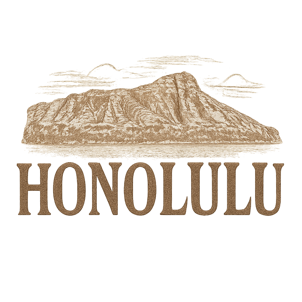 A typographic, nostalgic graphic of a typographic illustration of the words 'honolulu' with a vintage line art drawing of the diamond head crater – a t-shirt design