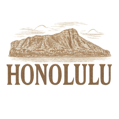 A typographic, nostalgic graphic of a typographic illustration of the words 'honolulu' with a vintage line art drawing of the diamond head crater – a t-shirt design