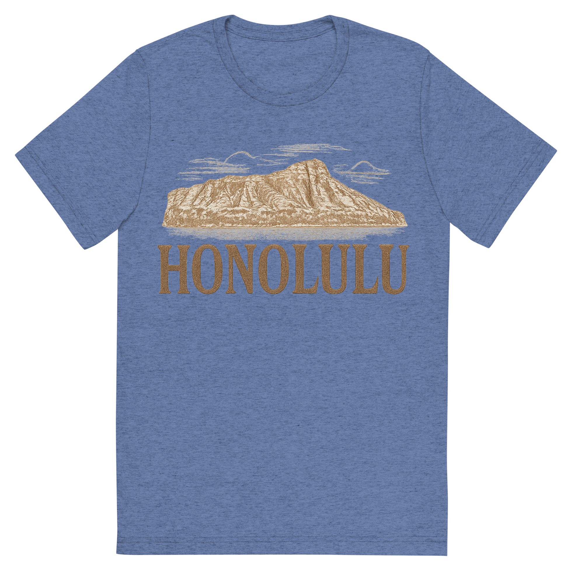 Front view of a Premium Tri-Blend Crew Neck T-Shirt in Blue showing 'A typographic, nostalgic graphic of a typographic illustration of the words 'honolulu' with a vintage line art drawing of the diamond head crater'