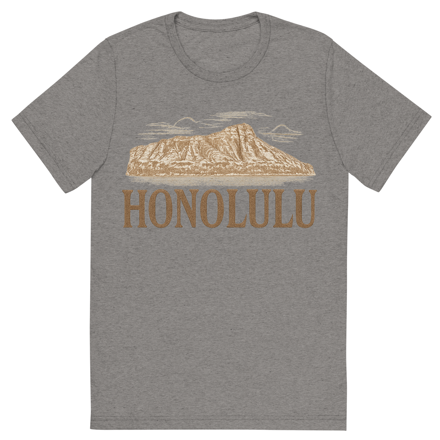 Front view of a Premium Tri-Blend Crew Neck T-Shirt in Grey showing 'A typographic, nostalgic graphic of a typographic illustration of the words 'honolulu' with a vintage line art drawing of the diamond head crater'