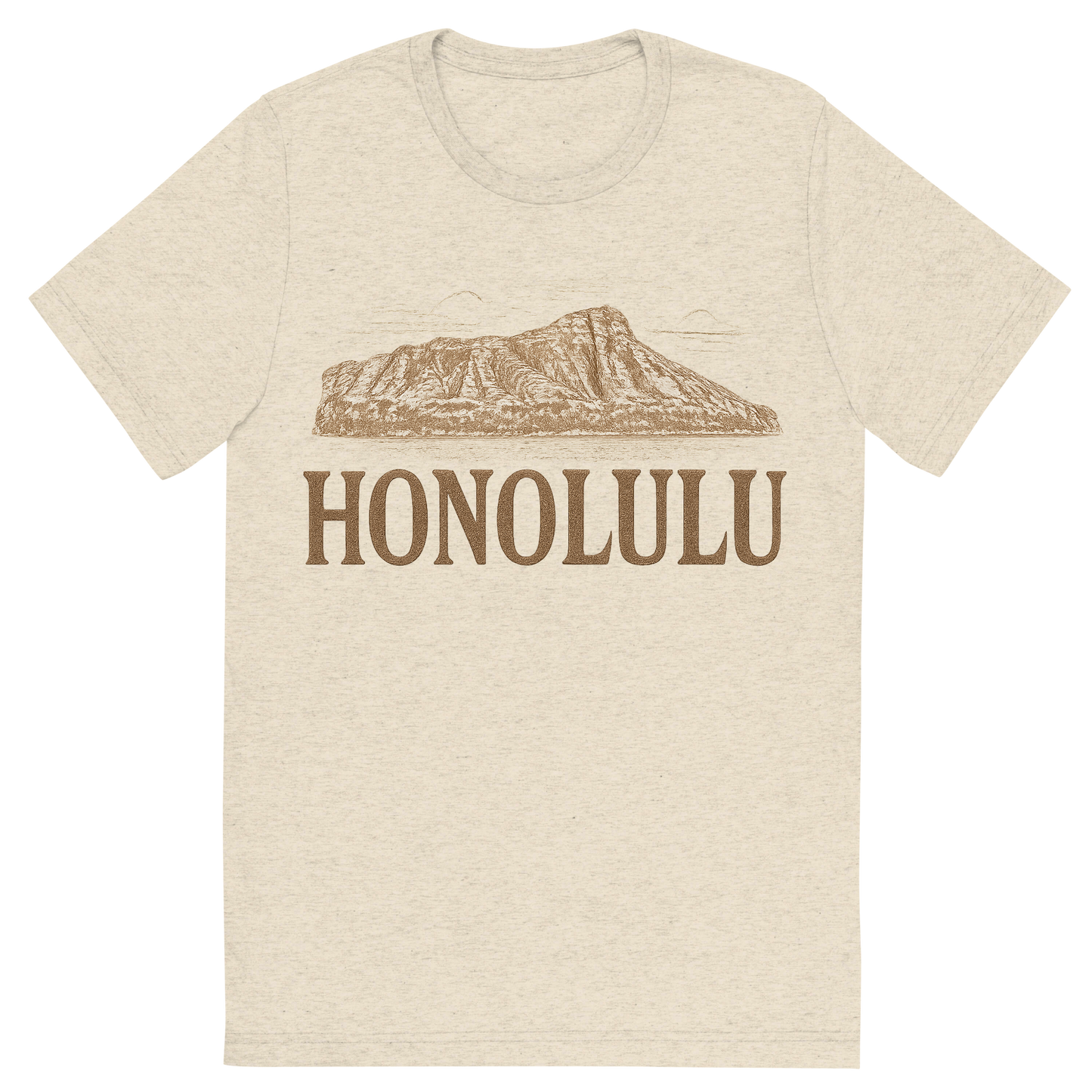 Front view of a Premium Tri-Blend Crew Neck T-Shirt in Oatmeal showing 'A typographic, nostalgic graphic of a typographic illustration of the words 'honolulu' with a vintage line art drawing of the diamond head crater'