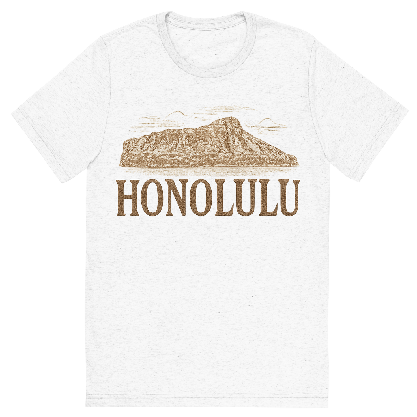 Front view of a Premium Tri-Blend Crew Neck T-Shirt in Solid White showing 'A typographic, nostalgic graphic of a typographic illustration of the words 'honolulu' with a vintage line art drawing of the diamond head crater'