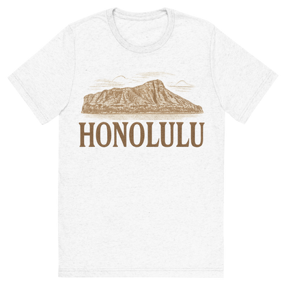 Front view of a Premium Tri-Blend Crew Neck T-Shirt in Solid White showing 'A typographic, nostalgic graphic of a typographic illustration of the words 'honolulu' with a vintage line art drawing of the diamond head crater'