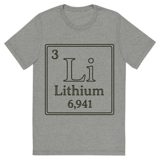 Front view of a Premium Tri-Blend Crew Neck T-Shirt in Athletic Grey showing 'A line art, nostalgic graphic of lithium's entry on the periodic table, use a dark color for the lines and text'