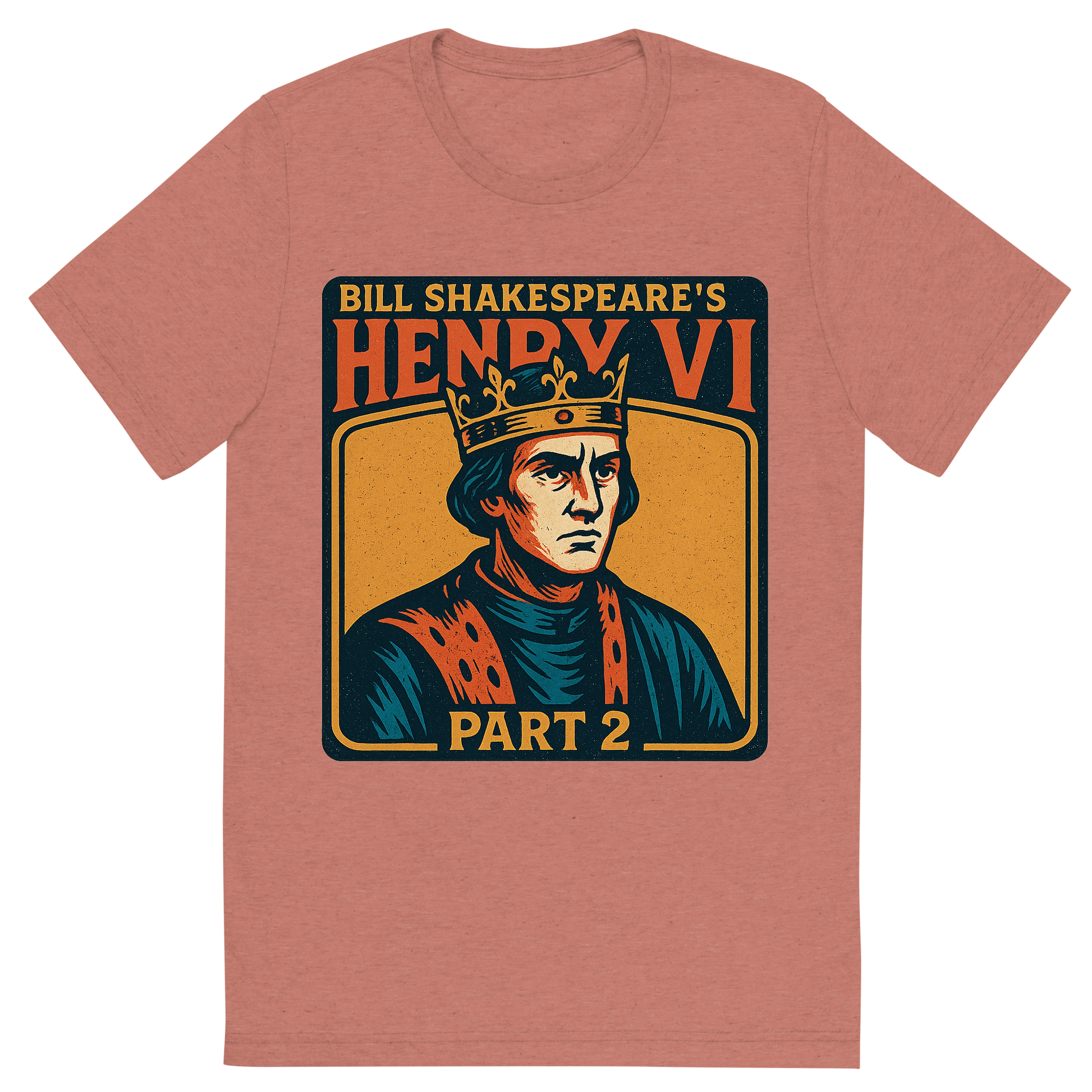 Front view of a Premium Tri-Blend Crew Neck T-Shirt in Mauve showing 'A retro, edgy graphic of a visual representation of a key theme and character from william shakespeare's henry vi, part 2'