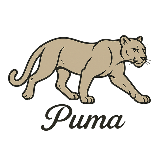 A flat, neutral graphic of a clean drawing of a puma in motion with smooth lines and strong build. “puma” appears in graceful script beneath. – a t-shirt design