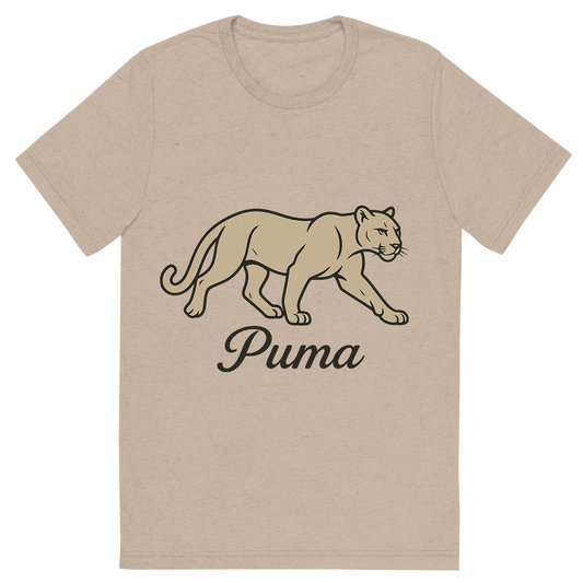 Front view of a Premium Tri-Blend Crew Neck T-Shirt in Tan showing 'A flat, neutral graphic of a clean drawing of a puma in motion with smooth lines and strong build. “puma” appears in graceful script beneath.'