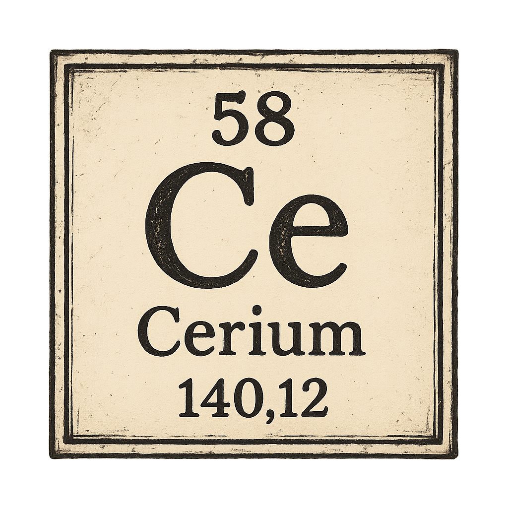 A line art, nostalgic graphic of cerium's entry on the periodic table, use a dark color for the lines and text – a t-shirt design