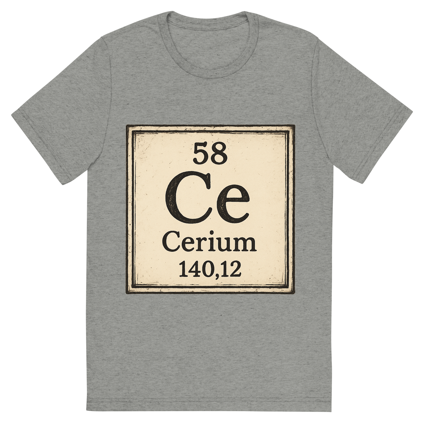 Front view of a Premium Tri-Blend Crew Neck T-Shirt in Athletic Grey showing 'A line art, nostalgic graphic of cerium's entry on the periodic table, use a dark color for the lines and text'