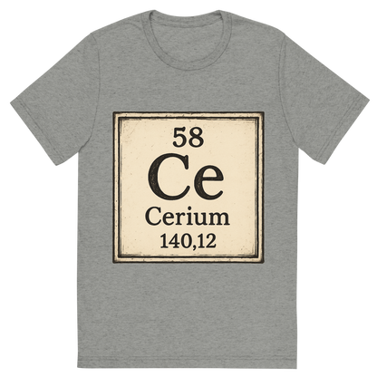 Front view of a Premium Tri-Blend Crew Neck T-Shirt in Athletic Grey showing 'A line art, nostalgic graphic of cerium's entry on the periodic table, use a dark color for the lines and text'