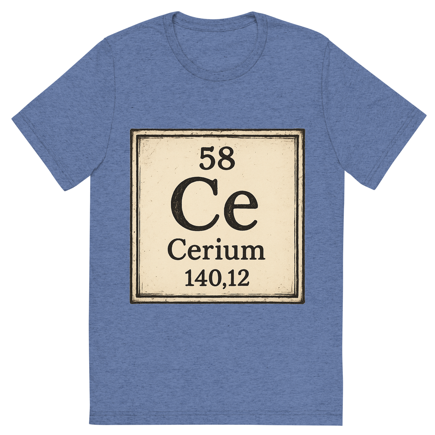 Front view of a Premium Tri-Blend Crew Neck T-Shirt in Blue showing 'A line art, nostalgic graphic of cerium's entry on the periodic table, use a dark color for the lines and text'