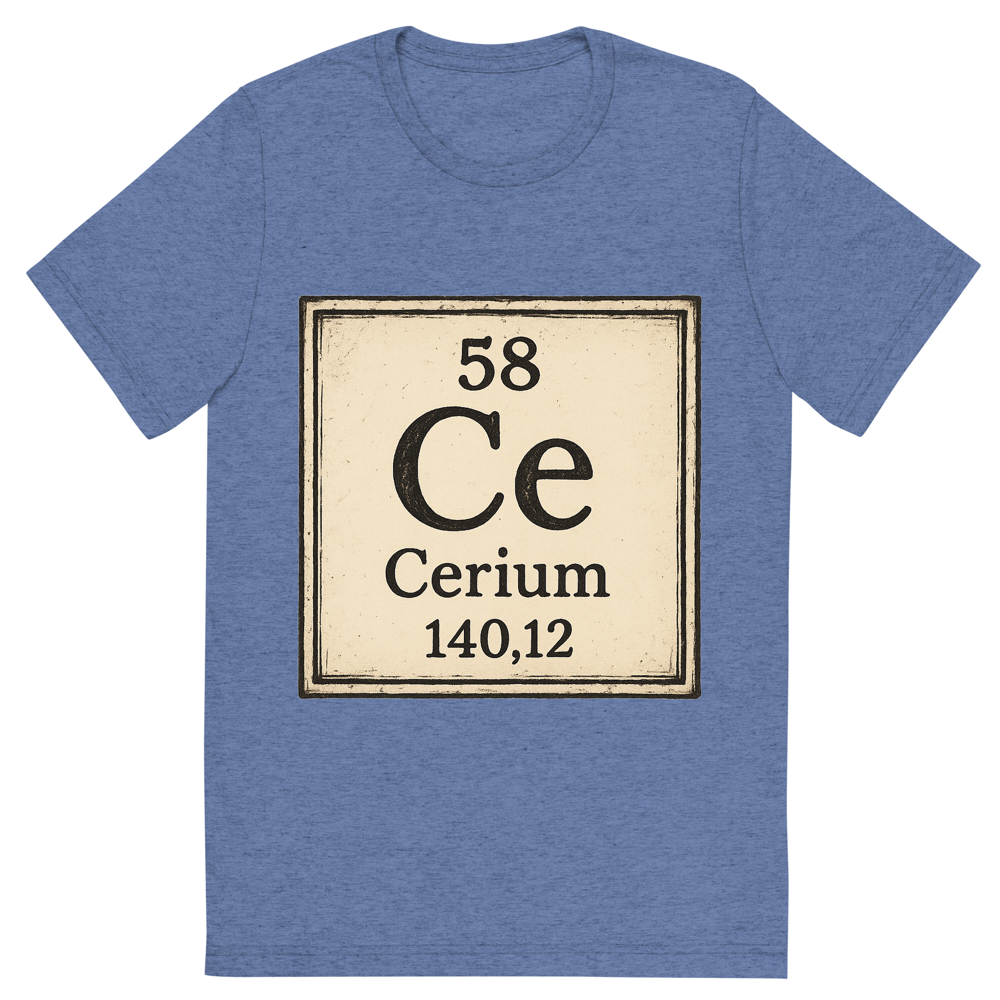 Front view of a Premium Tri-Blend Crew Neck T-Shirt in Blue showing 'A line art, nostalgic graphic of cerium's entry on the periodic table, use a dark color for the lines and text'