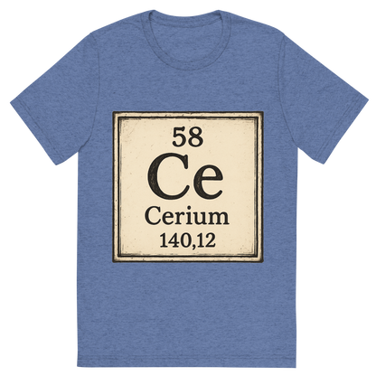 Front view of a Premium Tri-Blend Crew Neck T-Shirt in Blue showing 'A line art, nostalgic graphic of cerium's entry on the periodic table, use a dark color for the lines and text'