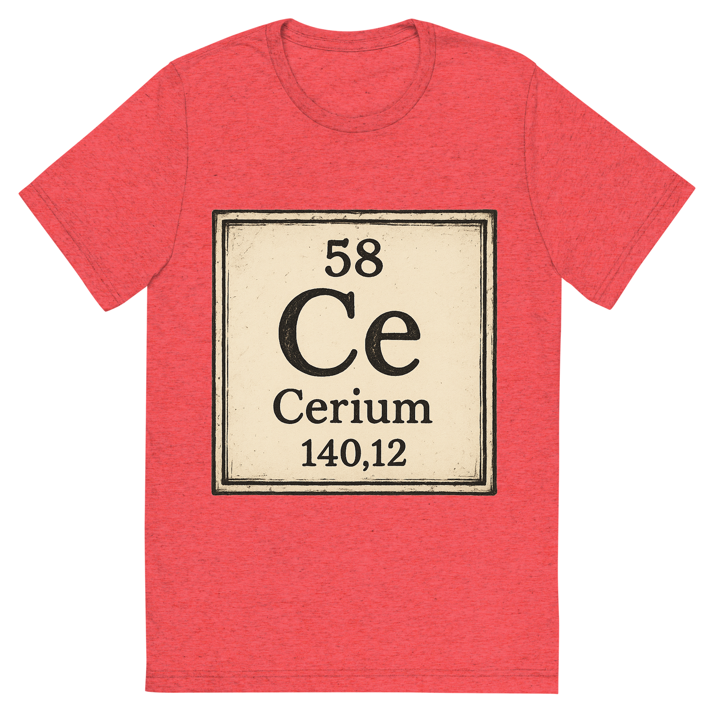 Front view of a Premium Tri-Blend Crew Neck T-Shirt in Red showing 'A line art, nostalgic graphic of cerium's entry on the periodic table, use a dark color for the lines and text'