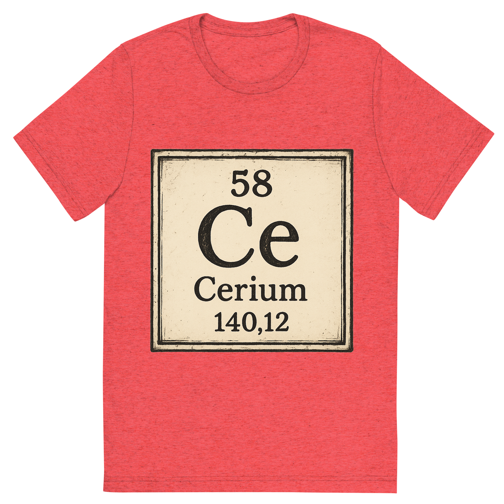 Front view of a Premium Tri-Blend Crew Neck T-Shirt in Red showing 'A line art, nostalgic graphic of cerium's entry on the periodic table, use a dark color for the lines and text'
