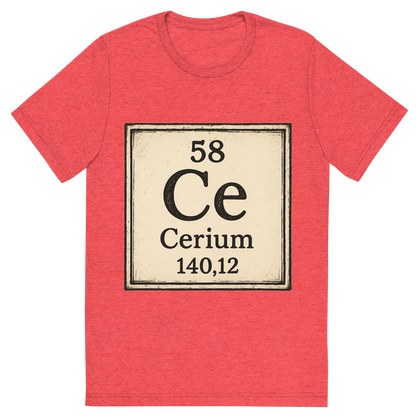 Front view of a Premium Tri-Blend Crew Neck T-Shirt in Red showing 'A line art, nostalgic graphic of cerium's entry on the periodic table, use a dark color for the lines and text'