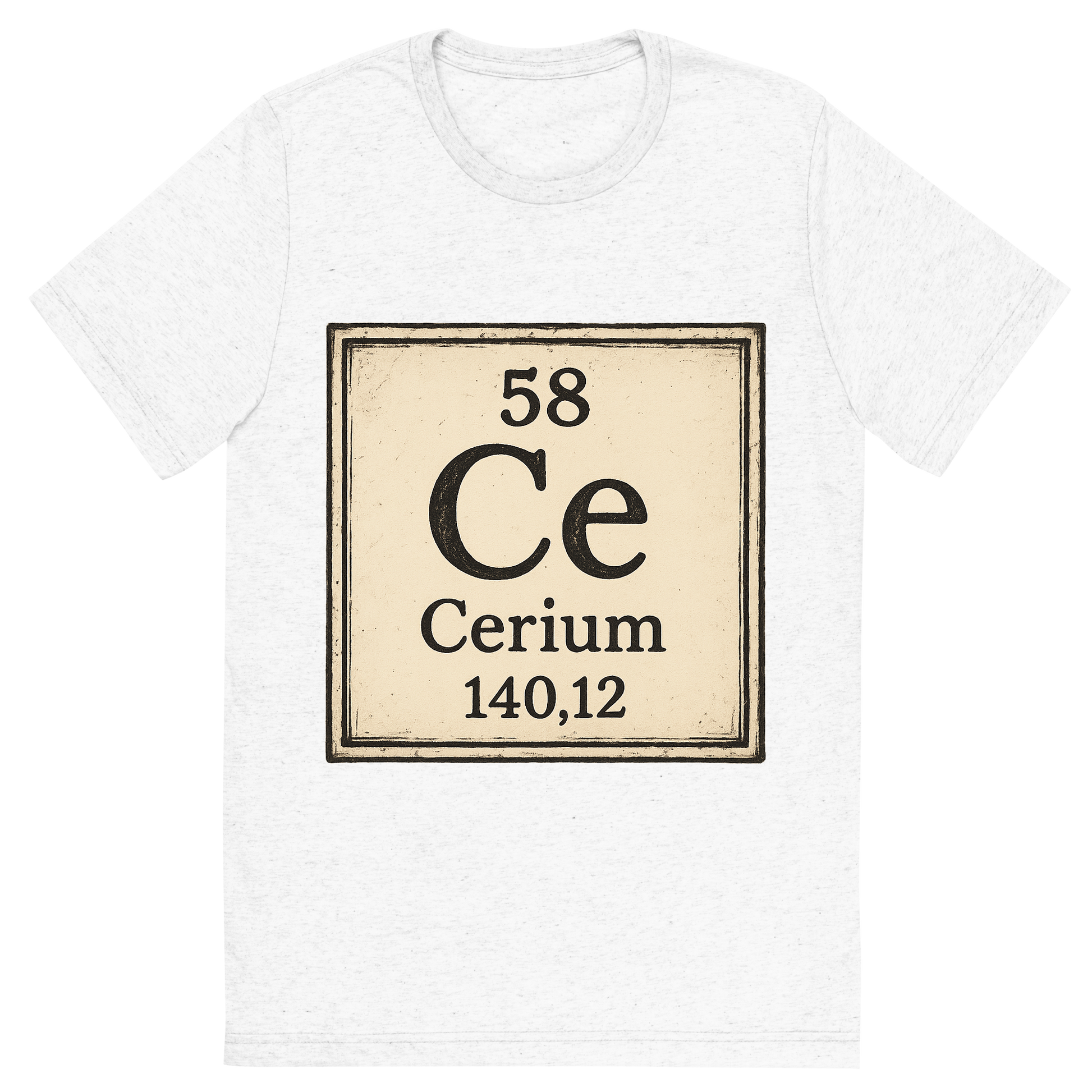 Front view of a Premium Tri-Blend Crew Neck T-Shirt in Solid White showing 'A line art, nostalgic graphic of cerium's entry on the periodic table, use a dark color for the lines and text'