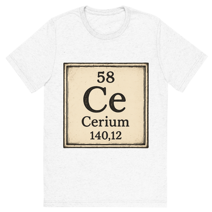 Front view of a Premium Tri-Blend Crew Neck T-Shirt in Solid White showing 'A line art, nostalgic graphic of cerium's entry on the periodic table, use a dark color for the lines and text'