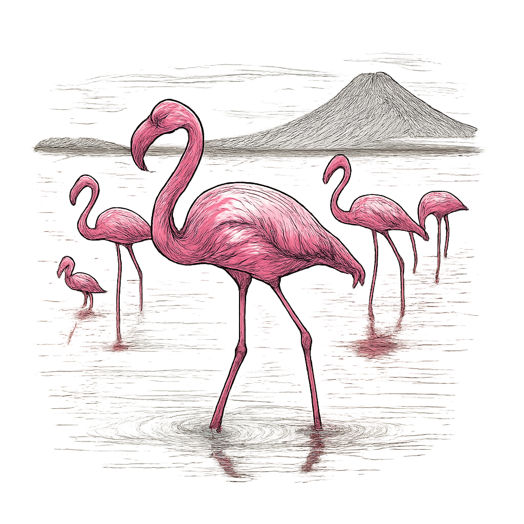 A hand-drawn ink with color pops, elegant graphic of a graceful group of pink flamingos wading through the shallow, reflective waters of lake natron, illustrated in a hand-drawn ink style with pops of vivid pink and white, centered composition, transparent background, optimized for dtg printing - a t-shirt design
