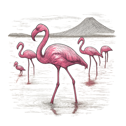 A hand-drawn ink with color pops, elegant graphic of a graceful group of pink flamingos wading through the shallow, reflective waters of lake natron, illustrated in a hand-drawn ink style with pops of vivid pink and white, centered composition, transparent background, optimized for dtg printing - a t-shirt design