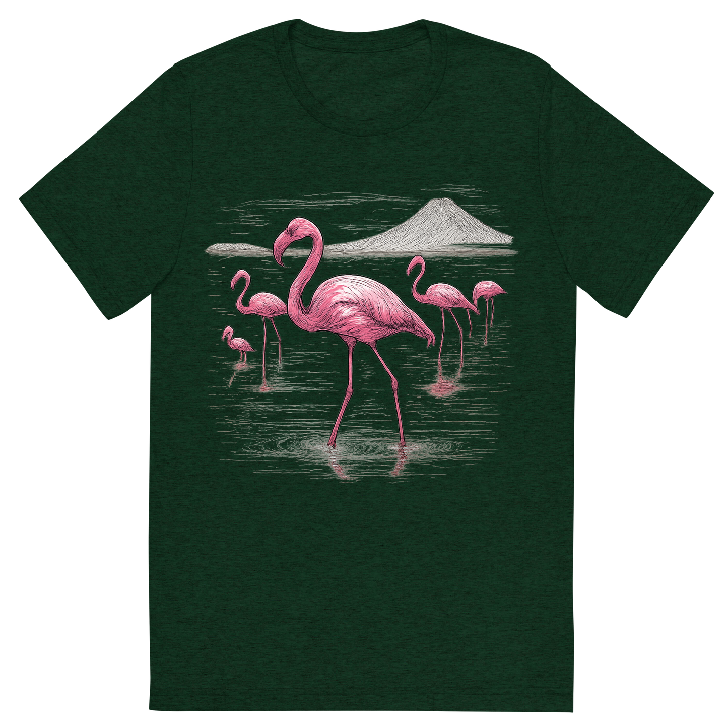 Front view of a Premium Tri-Blend Crew Neck T-Shirt in Emerald showing 'A hand-drawn ink with color pops, elegant graphic of a graceful group of pink flamingos wading through the shallow, reflective waters of lake natron, illustrated in a hand-drawn ink style with pops of vivid pink and white, centered composition, transparent background, optimized for dtg printing'