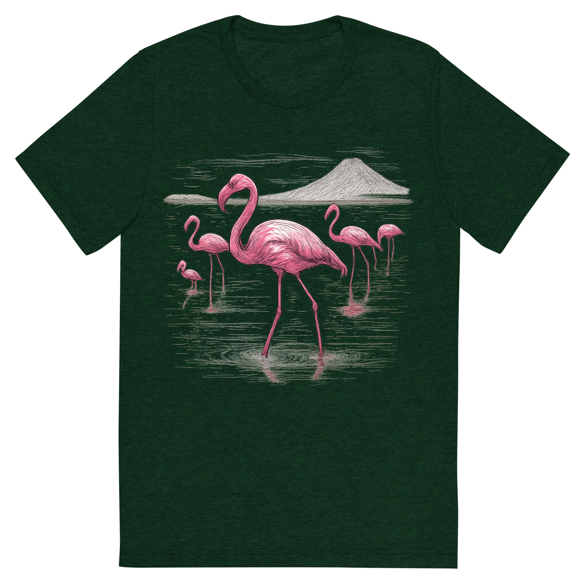 Front view of a Premium Tri-Blend Crew Neck T-Shirt in Emerald showing 'A hand-drawn ink with color pops, elegant graphic of a graceful group of pink flamingos wading through the shallow, reflective waters of lake natron, illustrated in a hand-drawn ink style with pops of vivid pink and white, centered composition, transparent background, optimized for dtg printing'