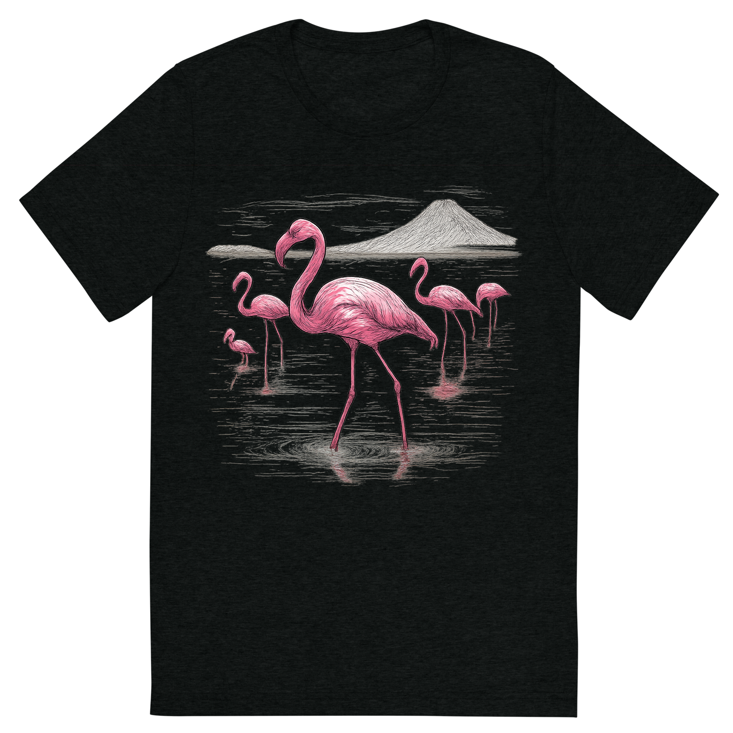 Front view of a Premium Tri-Blend Crew Neck T-Shirt in Solid Black showing 'A hand-drawn ink with color pops, elegant graphic of a graceful group of pink flamingos wading through the shallow, reflective waters of lake natron, illustrated in a hand-drawn ink style with pops of vivid pink and white, centered composition, transparent background, optimized for dtg printing'