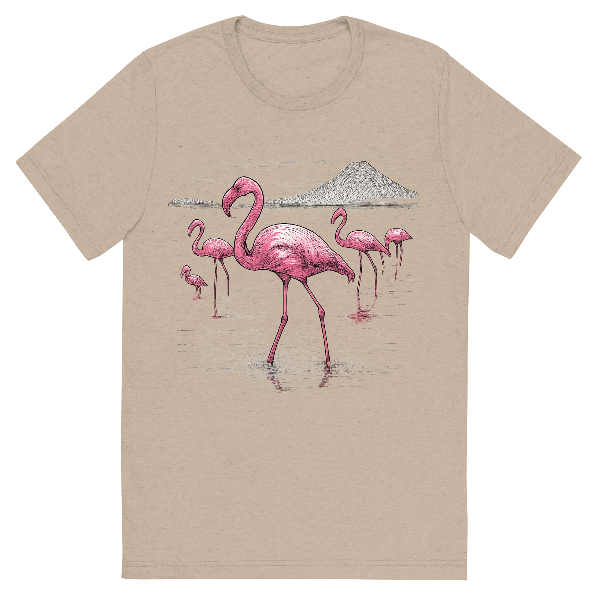 Front view of a Premium Tri-Blend Crew Neck T-Shirt in Tan showing 'A hand-drawn ink with color pops, elegant graphic of a graceful group of pink flamingos wading through the shallow, reflective waters of lake natron, illustrated in a hand-drawn ink style with pops of vivid pink and white, centered composition, transparent background, optimized for dtg printing'