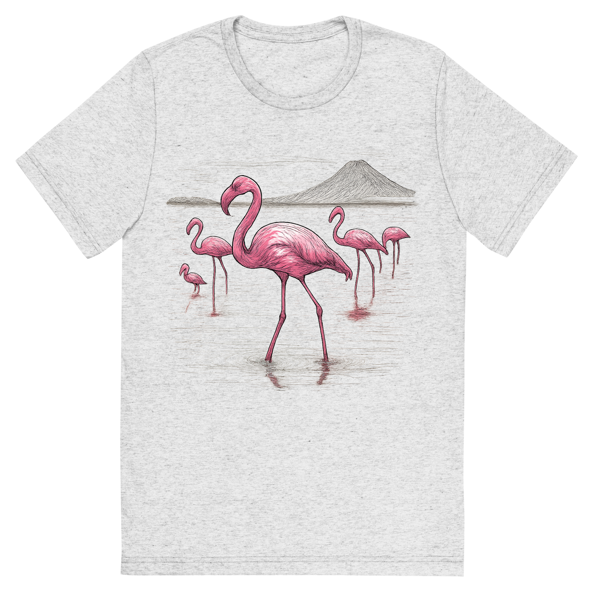 Front view of a Premium Tri-Blend Crew Neck T-Shirt in White Fleck showing 'A hand-drawn ink with color pops, elegant graphic of a graceful group of pink flamingos wading through the shallow, reflective waters of lake natron, illustrated in a hand-drawn ink style with pops of vivid pink and white, centered composition, transparent background, optimized for dtg printing'