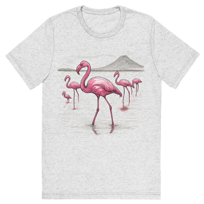 Front view of a Premium Tri-Blend Crew Neck T-Shirt in White Fleck showing 'A hand-drawn ink with color pops, elegant graphic of a graceful group of pink flamingos wading through the shallow, reflective waters of lake natron, illustrated in a hand-drawn ink style with pops of vivid pink and white, centered composition, transparent background, optimized for dtg printing'