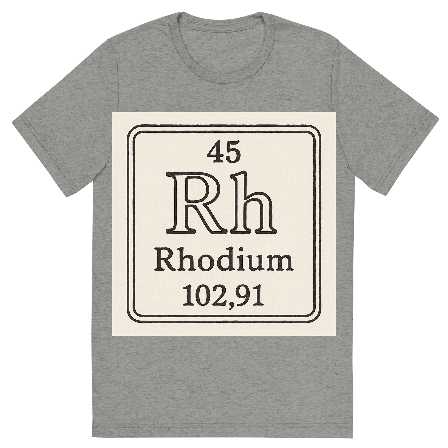 Front view of a Premium Tri-Blend Crew Neck T-Shirt in Athletic Grey showing 'A line art, nostalgic graphic of rhodium's entry on the periodic table, use a dark color for the lines and text'