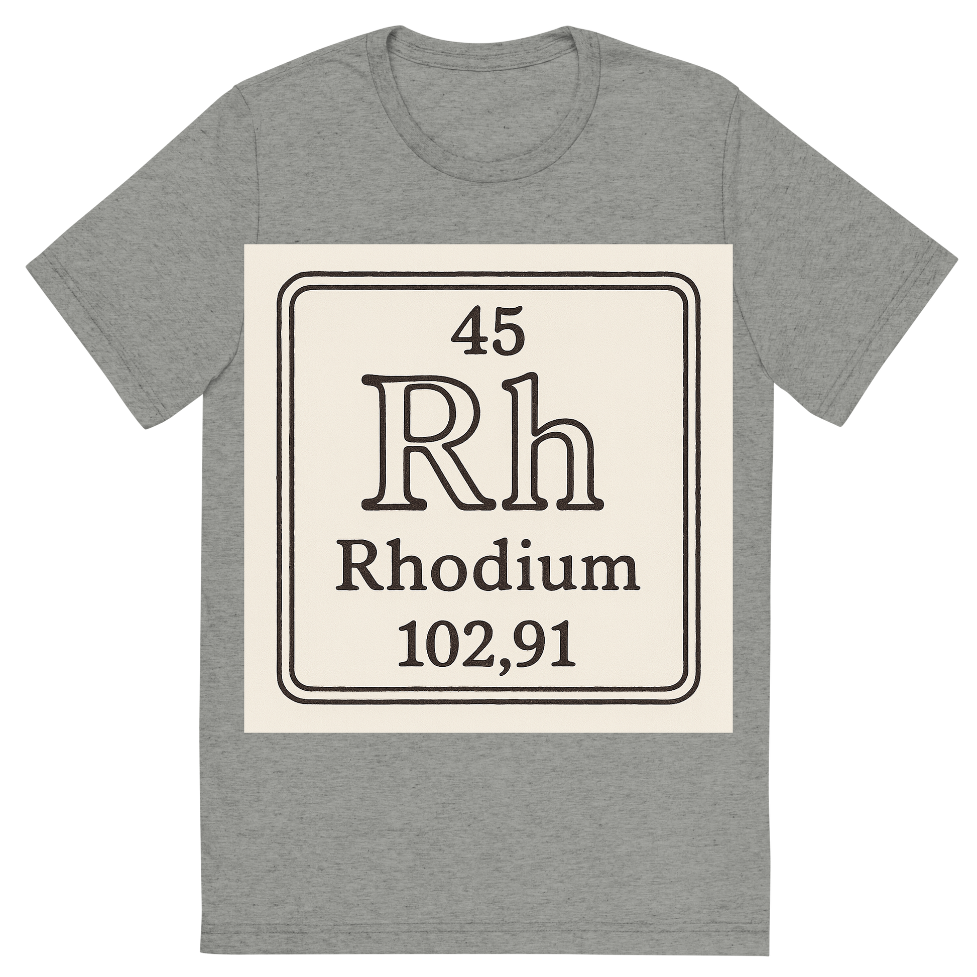 Front view of a Premium Tri-Blend Crew Neck T-Shirt in Athletic Grey showing 'A line art, nostalgic graphic of rhodium's entry on the periodic table, use a dark color for the lines and text'