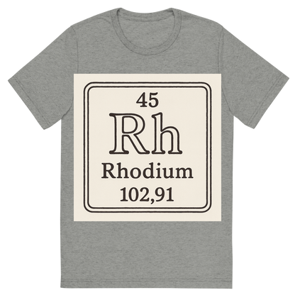 Front view of a Premium Tri-Blend Crew Neck T-Shirt in Athletic Grey showing 'A line art, nostalgic graphic of rhodium's entry on the periodic table, use a dark color for the lines and text'