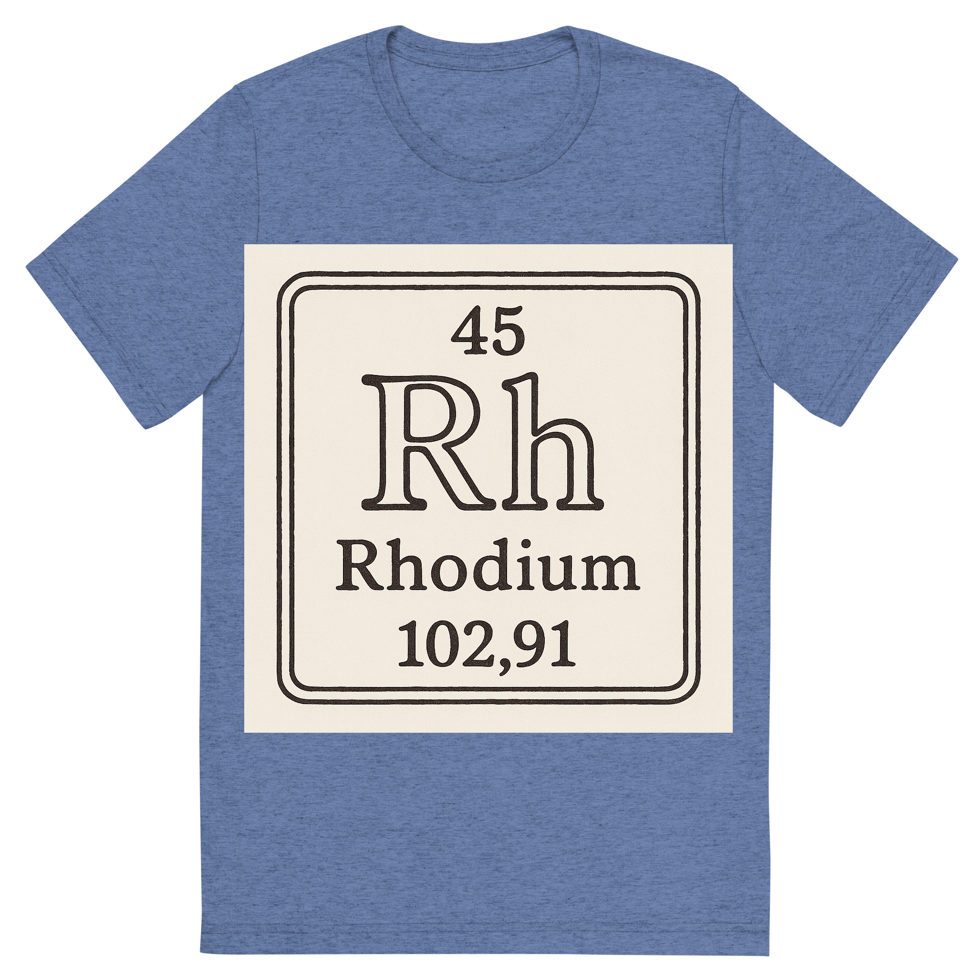 Front view of a Premium Tri-Blend Crew Neck T-Shirt in Blue showing 'A line art, nostalgic graphic of rhodium's entry on the periodic table, use a dark color for the lines and text'
