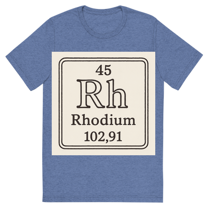 Front view of a Premium Tri-Blend Crew Neck T-Shirt in Blue showing 'A line art, nostalgic graphic of rhodium's entry on the periodic table, use a dark color for the lines and text'