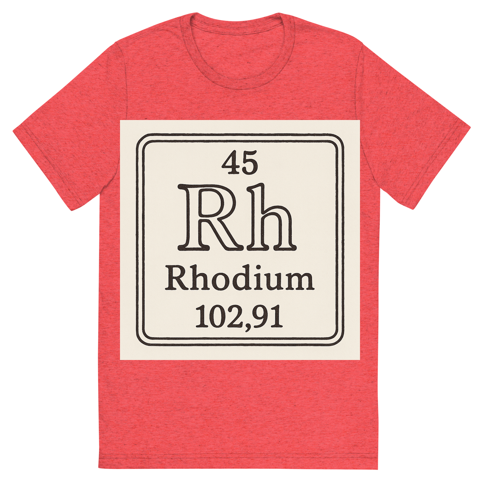 Front view of a Premium Tri-Blend Crew Neck T-Shirt in Red showing 'A line art, nostalgic graphic of rhodium's entry on the periodic table, use a dark color for the lines and text'