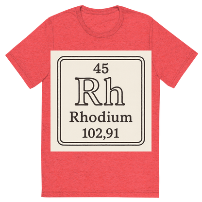 Front view of a Premium Tri-Blend Crew Neck T-Shirt in Red showing 'A line art, nostalgic graphic of rhodium's entry on the periodic table, use a dark color for the lines and text'