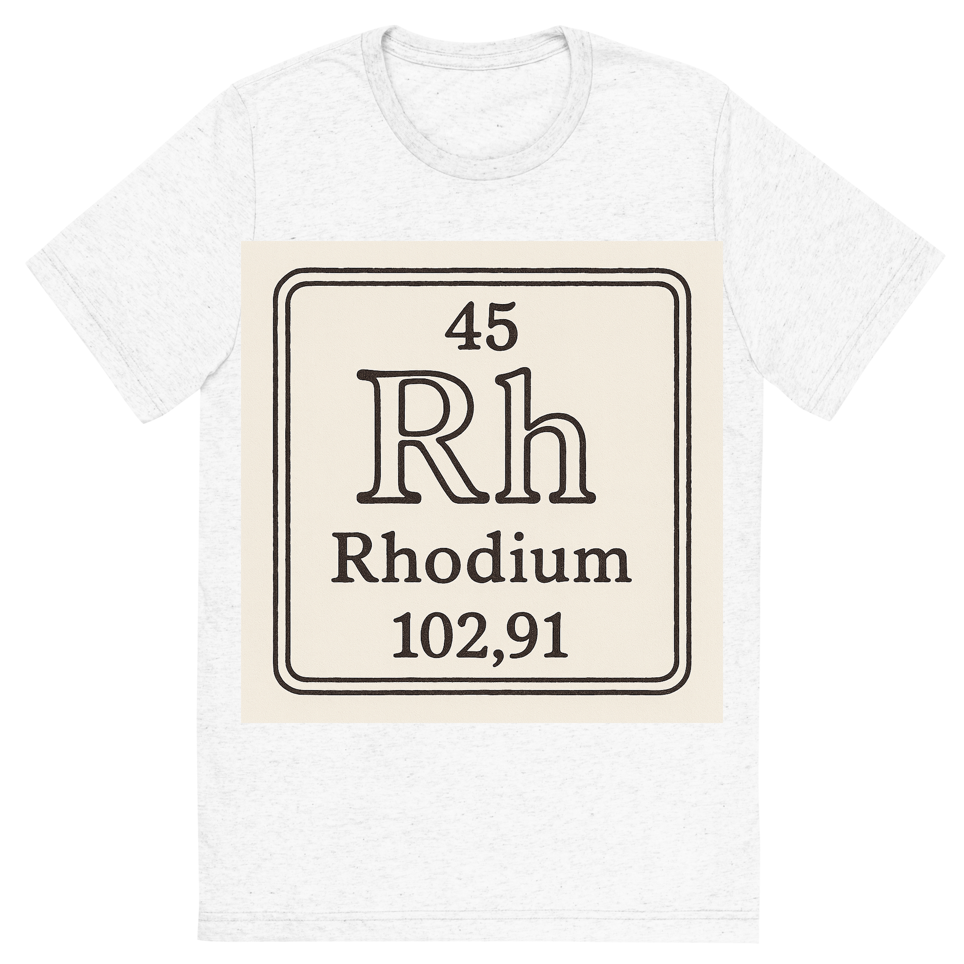 Front view of a Premium Tri-Blend Crew Neck T-Shirt in Solid White showing 'A line art, nostalgic graphic of rhodium's entry on the periodic table, use a dark color for the lines and text'