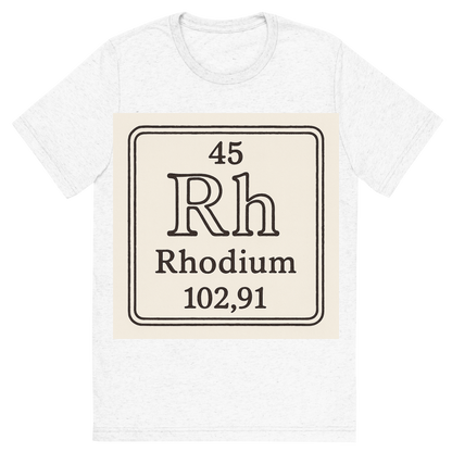 Front view of a Premium Tri-Blend Crew Neck T-Shirt in Solid White showing 'A line art, nostalgic graphic of rhodium's entry on the periodic table, use a dark color for the lines and text'
