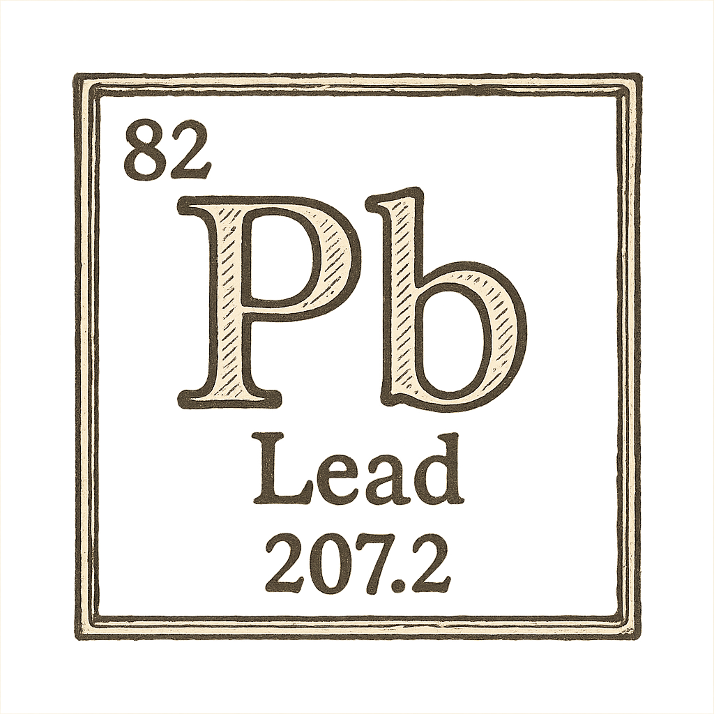 A line art, nostalgic graphic of lead's entry on the periodic table, use a dark color for the lines and text – a t-shirt design